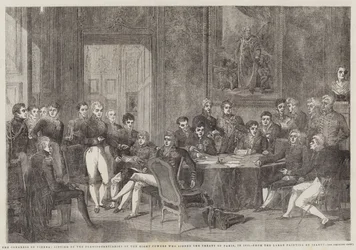 Le Congrès de Vienne, séance des plénipotentiaires des huit puissances signataires du Traité de Paris, en 1815